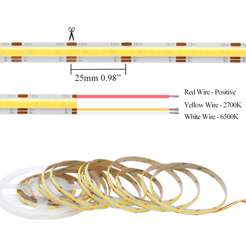12V Cob LED CCT 2700 až 6500 Kelvinů nastavitelný světelný pásek, řezatelný 12V Cob LED CCT 2700 až 6500 Kelvinů nastavitelný světelný pásek, řezatelný