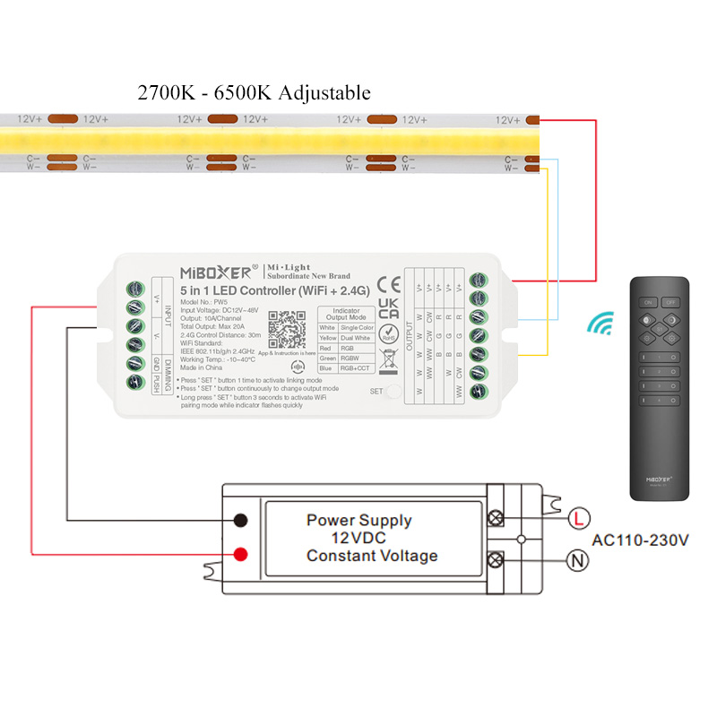12V Cob LED CCT 2700 až 6500 Kelvinů nastavitelný světelný pásek, řezatelný 12V Cob LED CCT 2700 až 6500 Kelvinů nastavitelný světelný pásek, řezatelný