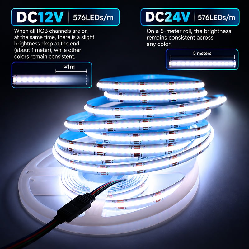 Low Voltage DC 12V 24V RGB Cob Strip Light Cuttable Connectable 576 LEDs Low Voltage DC 12V 24V RGB Cob Strip Light Cuttable Connectable 576 LEDs