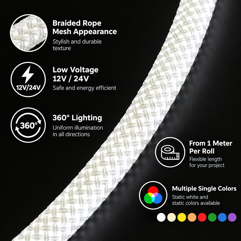 Solid Color Braided Mesh Neon LED Strip 360 Glow 12V 24V Rope Light Solid Color Braided Mesh Neon LED Strip 360 Glow 12V 24V Rope Light