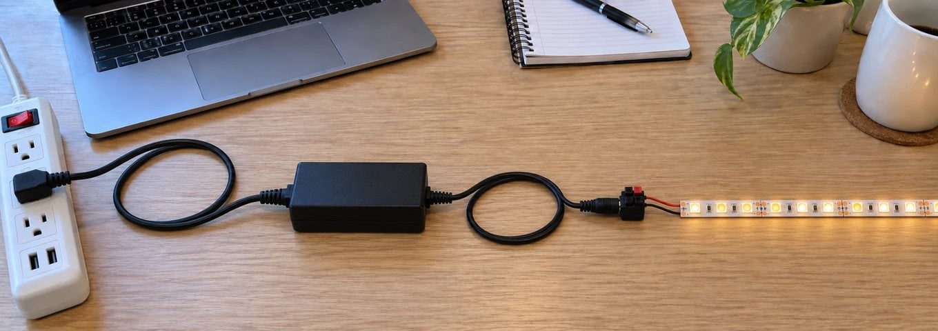 12V DC plastic shell power adapter plugged into a power strip and connected to a warm white LED strip light with a DC barrel jack connector