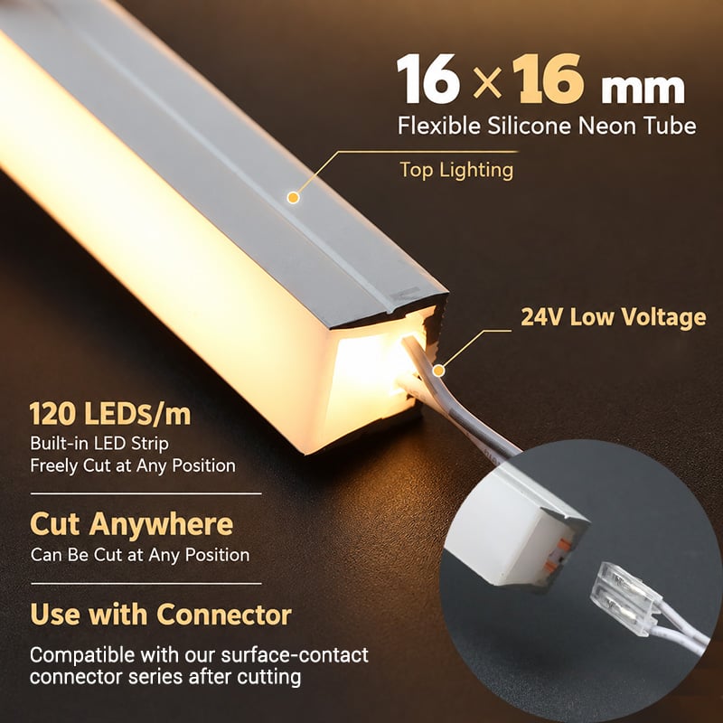 Top-Lit 16x16mm DC24V Free Cut LED Neon Flex Solderless Warm White Cabinet Lighting Top-Lit 16x16mm DC24V Free Cut LED Neon Flex Solderless Warm White Cabinet Lighting