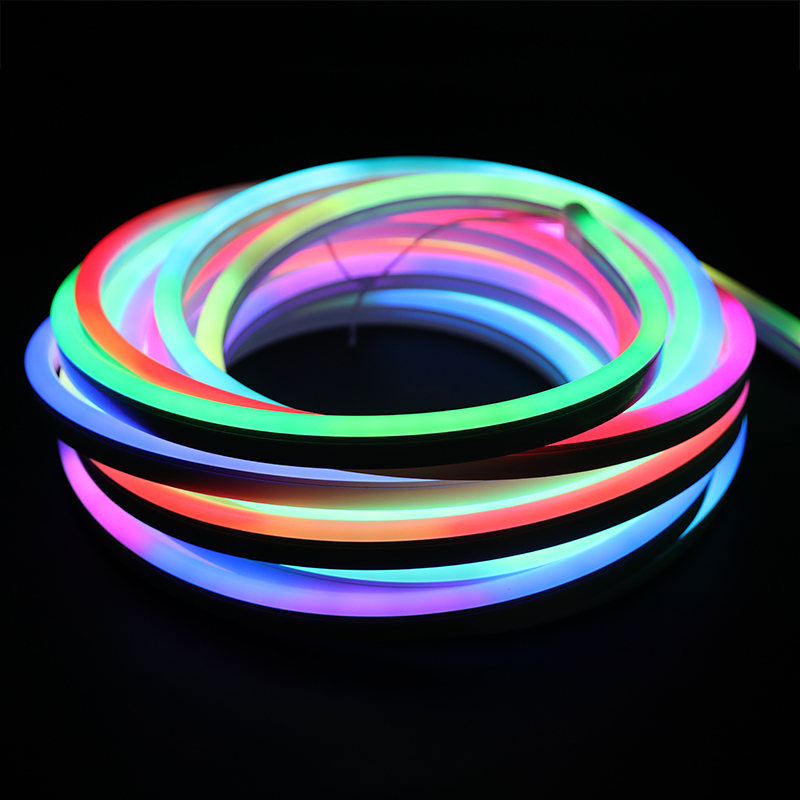 Dual Signal 24 V langer digitaler RGB 12 x 25 mm seitlich gebogener Dome RGBIC Neon-ähnlicher LED-Streifen, bis zu 30 m Dual Signal 24 V langer digitaler RGB 12 x 25 mm seitlich gebogener Dome RGBIC Neon-ähnlicher LED-Streifen, bis zu 30 m
