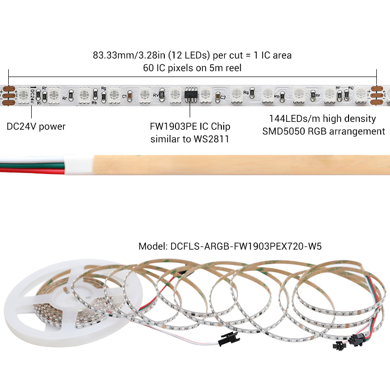 24V WS2811 FW1903PE Pixel Super Bright Compact RGB LED Strip 5mm Width 24V WS2811 FW1903PE Pixel Super Bright Compact RGB LED Strip 5mm Width