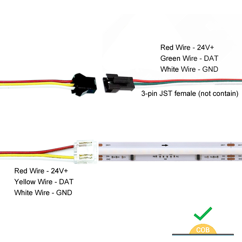 3pinový kabel s COB světelným páskem k JST SM samčímu konektoru 3pinový kabel s COB světelným páskem k JST SM samčímu konektoru
