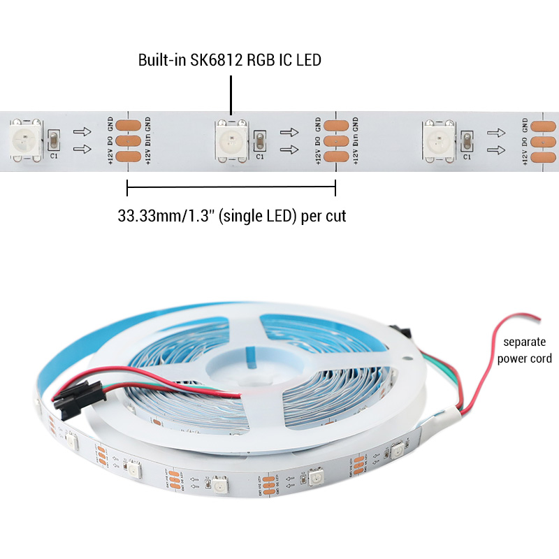 30LEDs/m SK6812 RGB 12V Individual IC LED Strip (150 Pixels) 30LEDs/m SK6812 RGB 12V Individual IC LED Strip (150 Pixels)