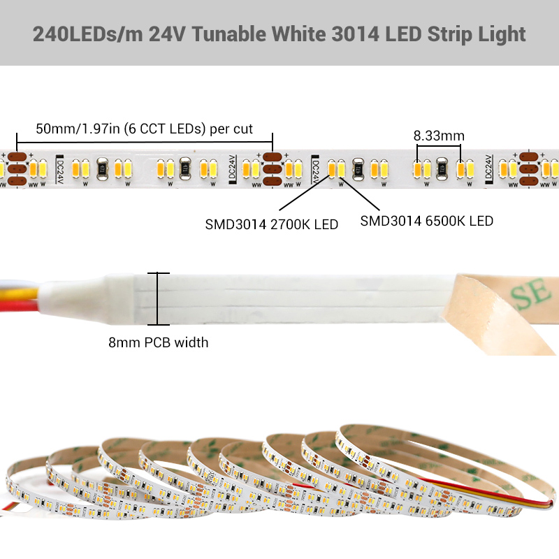 3014 240LEDs/m Tunable White LED Strip Light 24V 8mm 3014 240LEDs/m Tunable White LED Strip Light 24V 8mm