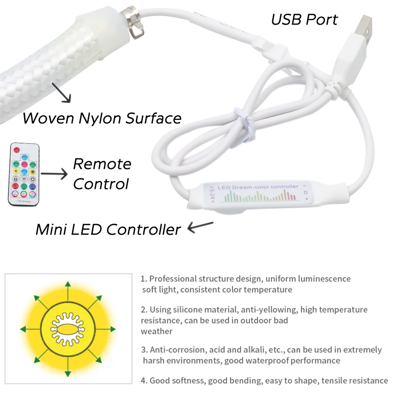 360 Degree Woven 5V WS2812b Digital RGB LED Neon Rope Light Kit 16ft D20 360 Degree Woven 5V WS2812b Digital RGB LED Neon Rope Light Kit 16ft D20