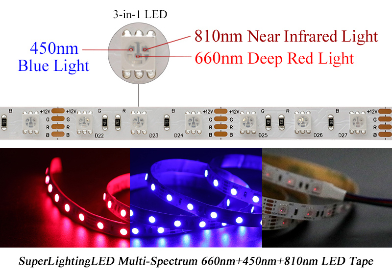 660 nm Rot + 810 nm IR + 450 nm Blau 3-in-1-LED-Streifen mit mehreren Wellenlängen