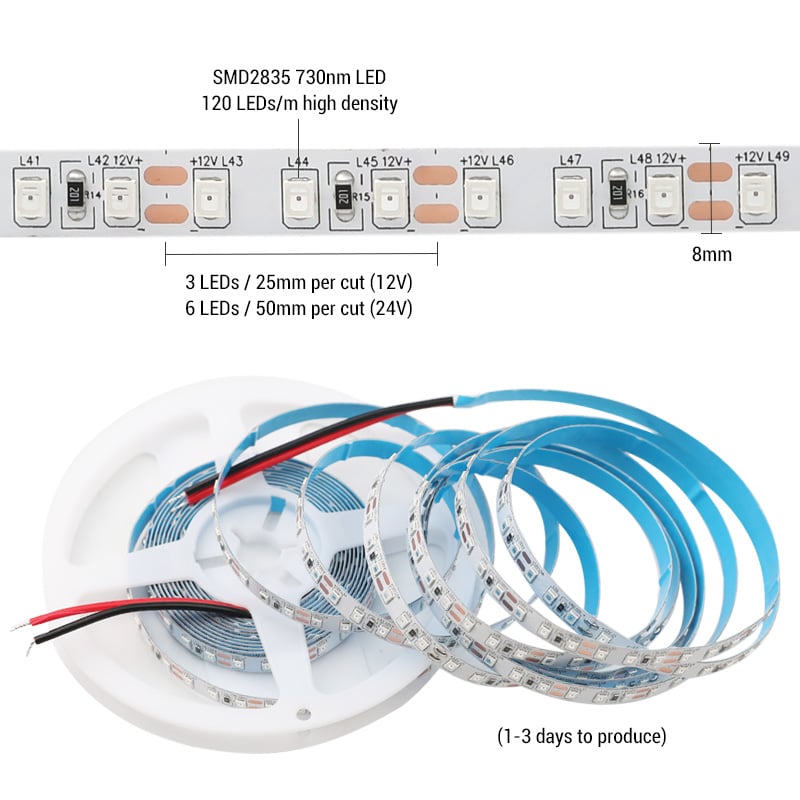 DC12/24V 730nm SMD2835 8mm 600 Diodes Red Light Therapy LED Strip DC12/24V 730nm SMD2835 8mm 600 Diodes Red Light Therapy LED Strip