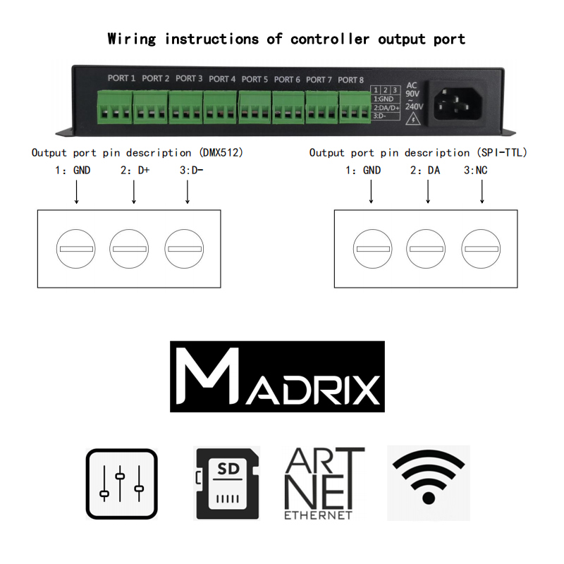 8 Channel Online and Offline Madrix Artnet DMX SPI Controller for LED Lights 508S
