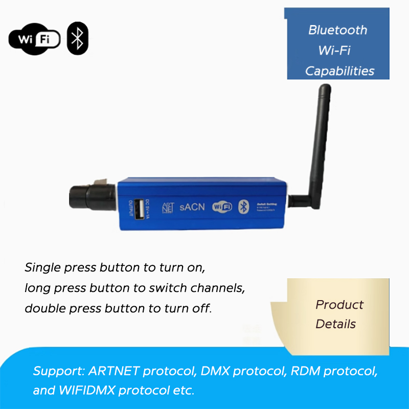 Wireless Battery Powered ArtNet WiFi Bluetooth DMX512 Controller with USB Port BLUEDMX Wireless Battery Powered ArtNet WiFi Bluetooth DMX512 Controller with USB Port BLUEDMX