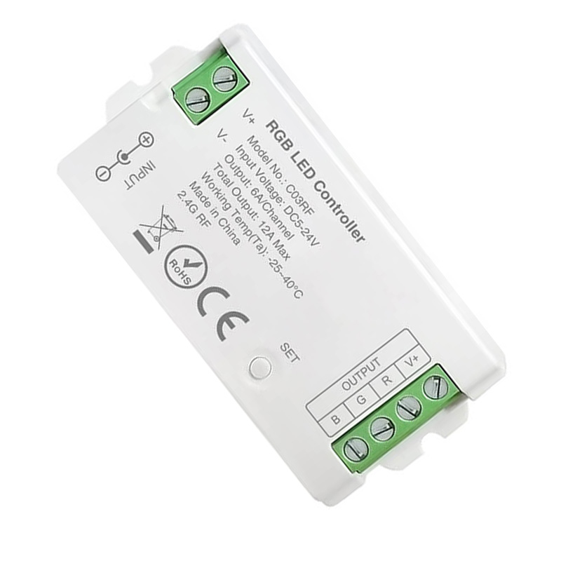 C03RF 5 až 24 VDC stmívatelný LED RGB páskový RF ovladač C03RF 5 až 24 VDC stmívatelný LED RGB páskový RF ovladač