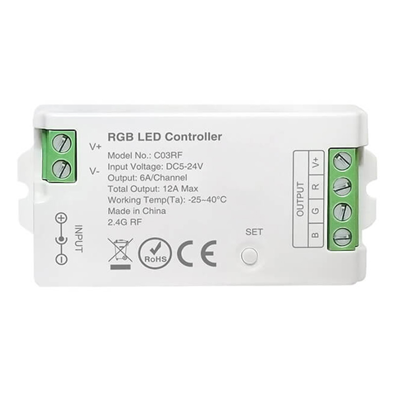 C03RF 5 až 24 VDC stmívatelný LED RGB páskový RF ovladač C03RF 5 až 24 VDC stmívatelný LED RGB páskový RF ovladač