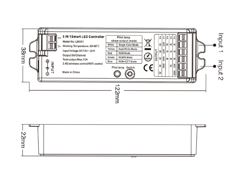 LM051 5v1 stmívač LED světelný pásek RF ovladač Velikost