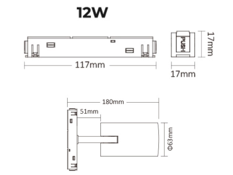 MS2-12B-ZR 12W 60 Degrees RF CCT LED Zigbee Magnetic Track Light  Size