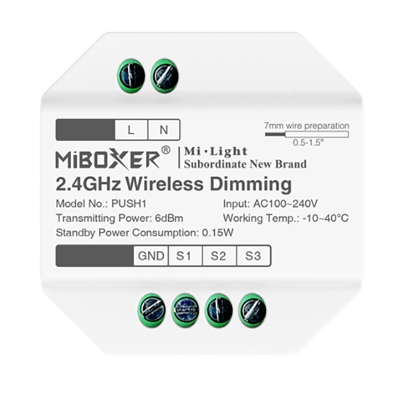 PUSH1 AC to AC RF RGB CCT LED bezdrátové ovládání stmívače světla PUSH1 AC to AC RF RGB CCT LED bezdrátové ovládání stmívače světla