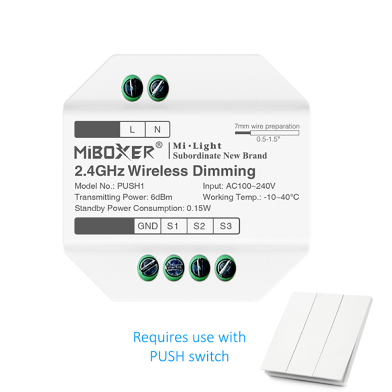 PUSH1 AC to AC RF RGB CCT LED bezdrátové ovládání stmívače světla PUSH1 AC to AC RF RGB CCT LED bezdrátové ovládání stmívače světla