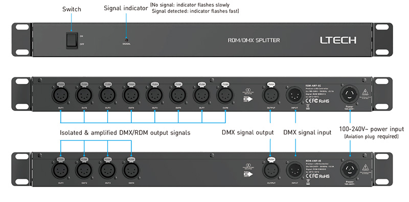 RDM-AMP-4E DMX 5pinový XLR izolovaný zesilovač signálu s nízkým zkreslením