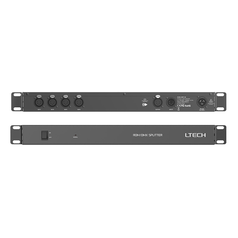 RDM-AMP-4E DMX 5pinový XLR izolovaný zesilovač signálu s nízkým zkreslením RDM-AMP-4E DMX 5pinový XLR izolovaný zesilovač signálu s nízkým zkreslením