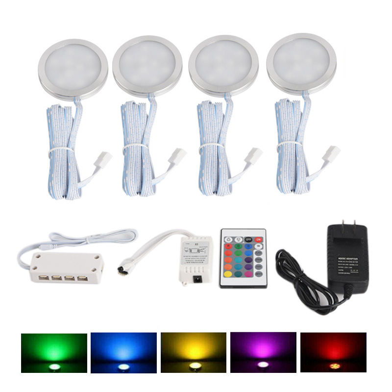 DC12V 4 Pcs 8W RGB Color Changing Under Cabinet LED Puck Lights Kit, Slim Multi Color Puck Lights DC12V 4 Pcs 8W RGB Color Changing Under Cabinet LED Puck Lights Kit, Slim Multi Color Puck Lights