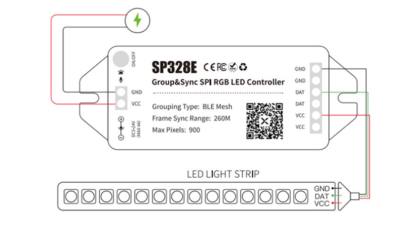 SP328E Bluetooth Mesh SPI Addressable RGB LED Strip Controller Diagram
