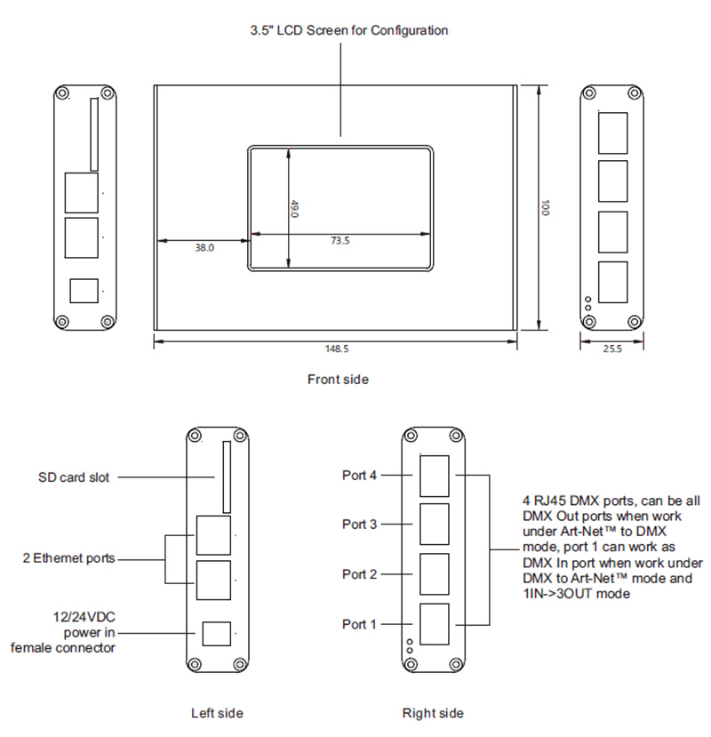 SR-2100ArtNet-DMX ArtNet DMX Bidirectional Converter Size