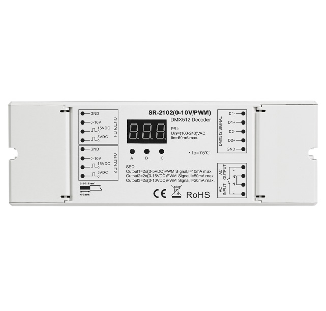 SR-2102 2CH stmívatelný DMX na 0-10V nebo PWM převodník signálu