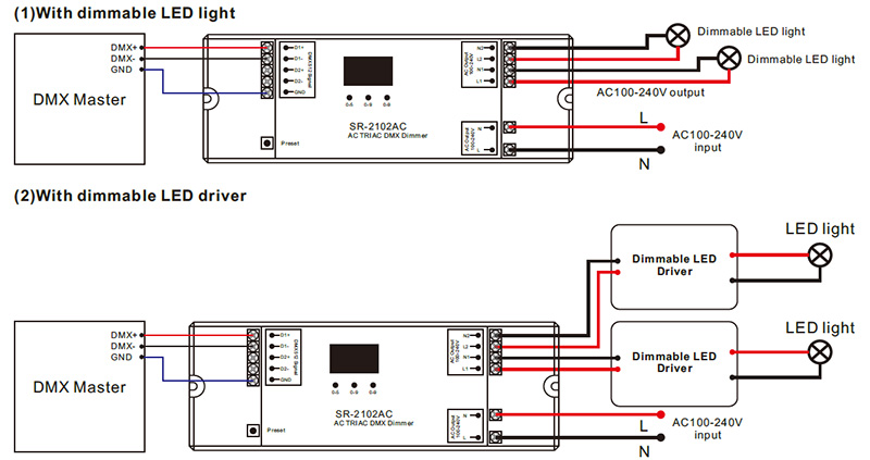 SR-2102AC 2CH Dimmbares LED-Licht AC DMX TRIAC Dimmer Schaltplan