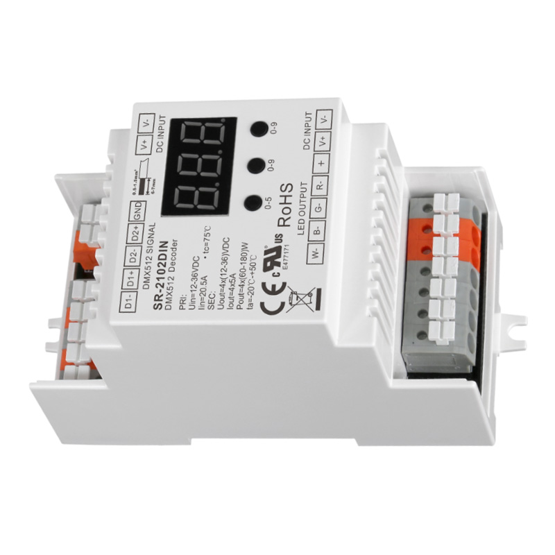 SR-2102DIN CV 12 až 36VDC RDM DMX stmívací dekodér na DIN lištu