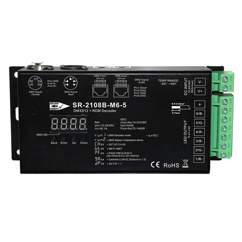 SR-2108B-M6 6-Kanal RGB- und RGBW-LED-RDM-DMX512-Steuerungs-Master-Decoder