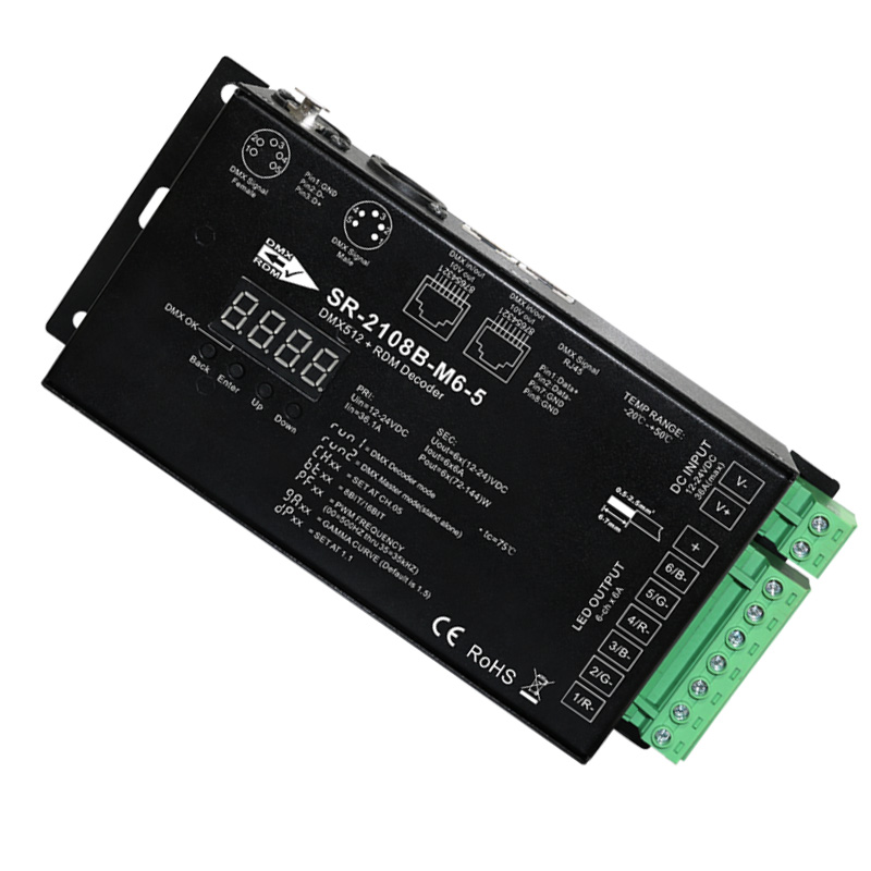 SR-2108B-M6 6CH RGB & RGBW LED RDM DMX512 Control Master Decoder SR-2108B-M6 6CH RGB & RGBW LED RDM DMX512 Control Master Decoder