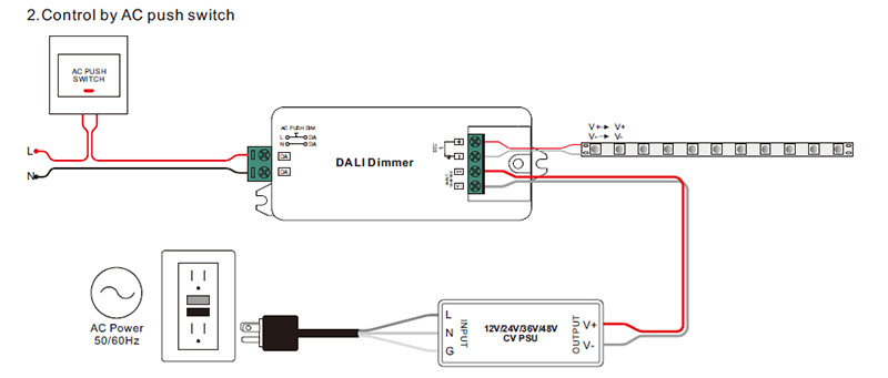 SR-2303S 12 bis 48 VDC DALI2 DT6 Push LED Einzelfarbdimmer Anschlussdiagramm