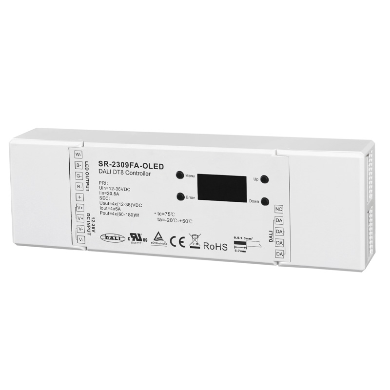 SR-2309FA-OLED CV 4CH DALI DT8 Stmívač s funkcí DALI Master SR-2309FA-OLED CV 4CH DALI DT8 Stmívač s funkcí DALI Master