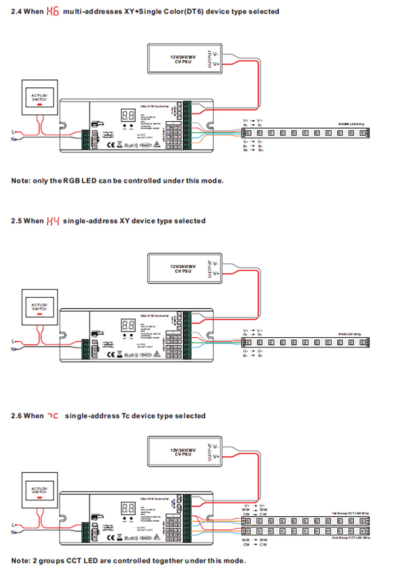 SR-2309PRO-5C 12 to 36VDC 5 Channel LED Strip DALI DT8 Dimmer Connection Diagram