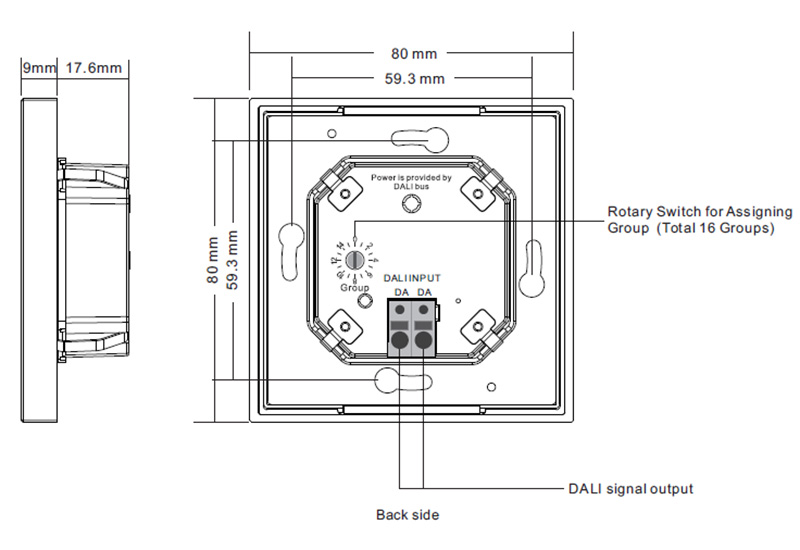 SR-2422NK2-DIM-G1 Single Color LED DALI Push Button Panel Dimmer Dimension