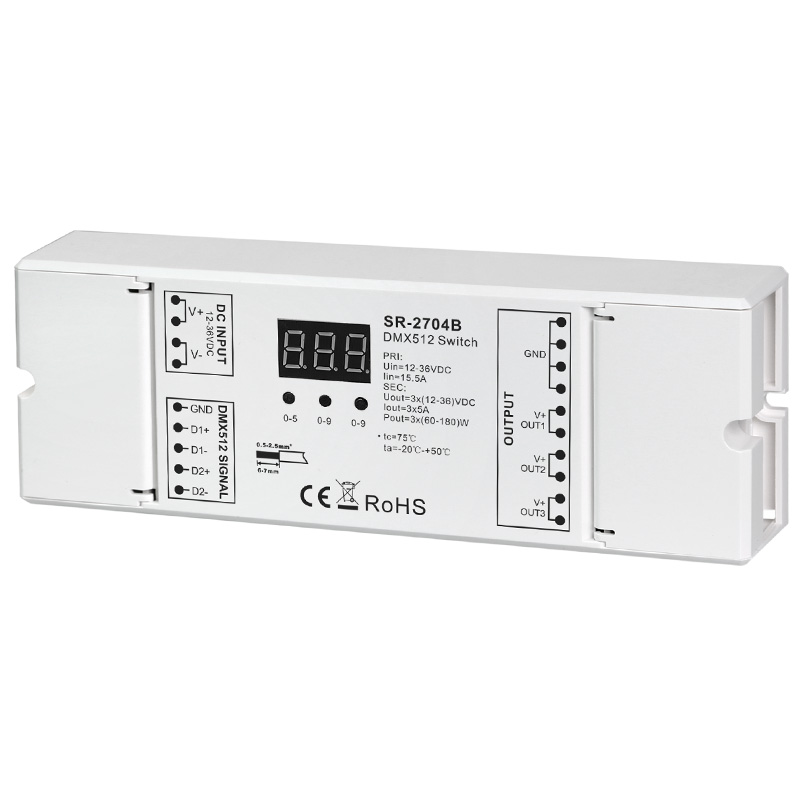 SR-2704B CV 12 to 36VDC 3CH Dimmable DMX512 Switch SR-2704B CV 12 to 36VDC 3CH Dimmable DMX512 Switch