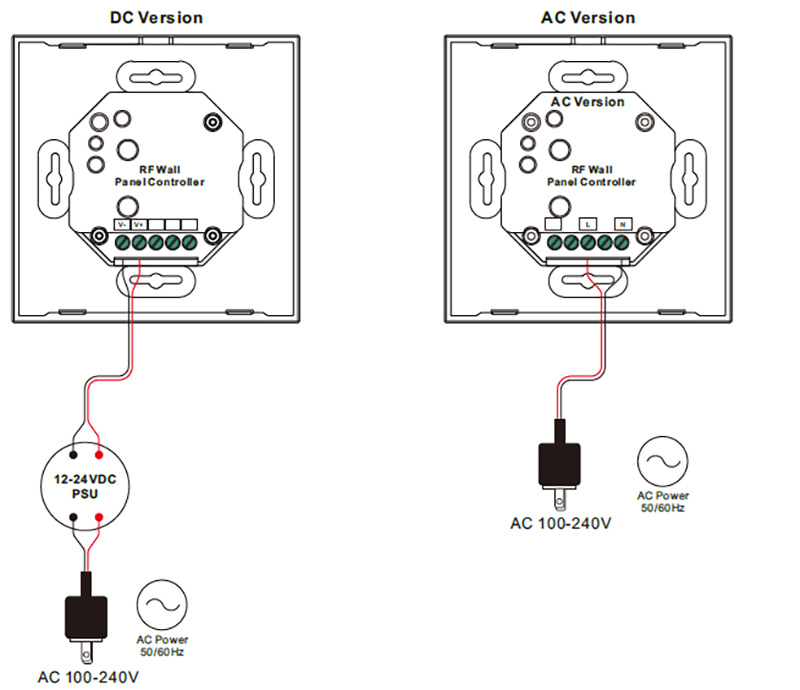 SR-2833T2 RF AC and DC Universal 4 Zones White LED Touch Panel Connection Diagram