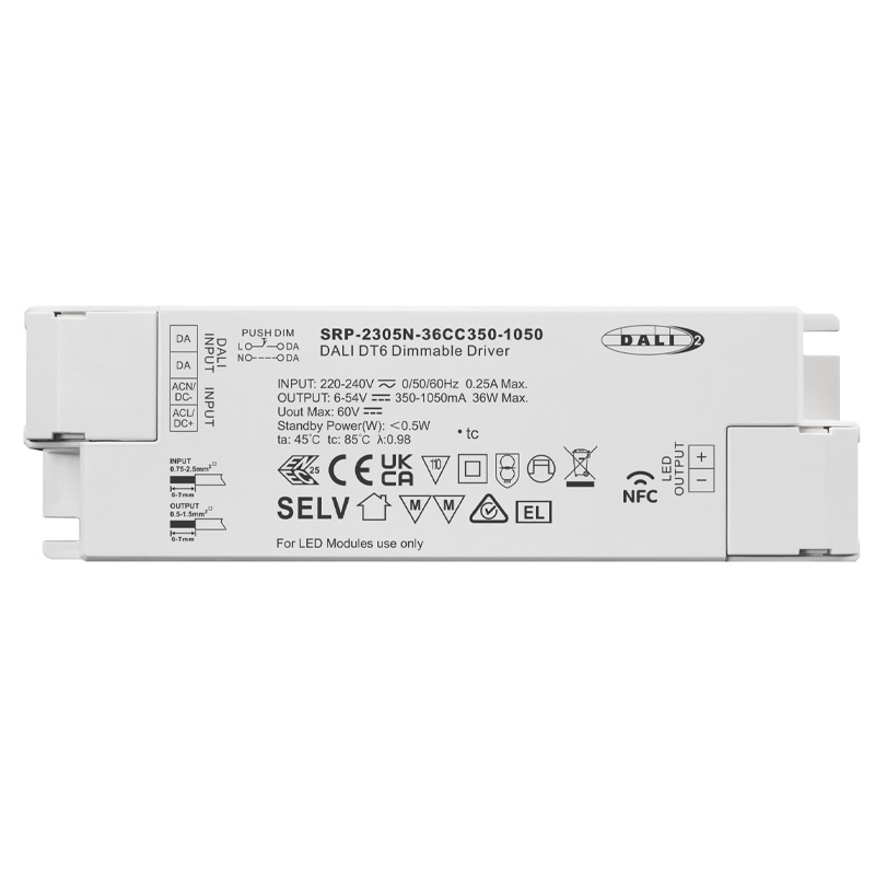 SRP-2305N-36CC350-1050 CC NFC DALI DT6 36W stmívatelný LED ovladač SRP-2305N-36CC350-1050 CC NFC DALI DT6 36W stmívatelný LED ovladač