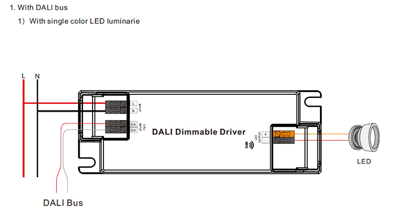 Ovladač LED SRP-2305N-45CC500-1400 CC 45W DALI 500 až 1400 mA Schéma zapojení NFC
