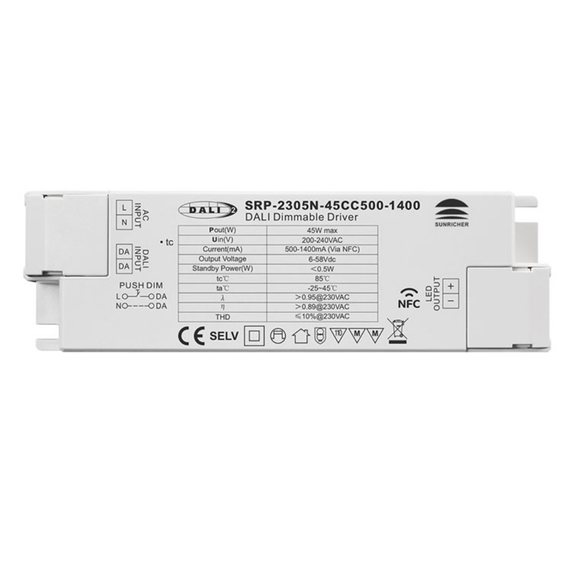 Ovladač LED SRP-2305N-45CC500-1400 CC 45W DALI 500 až 1400 mA NFC Ovladač LED SRP-2305N-45CC500-1400 CC 45W DALI 500 až 1400 mA NFC