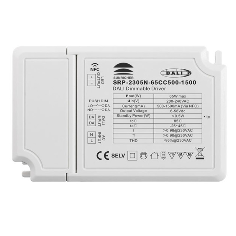 SRP-2305N-65CC500-1500 65W CC 500 bis 1500mA LED-Treiber DALI NFC SRP-2305N-65CC500-1500 65W CC 500 bis 1500mA LED-Treiber DALI NFC