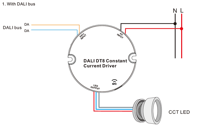 SRPY-2309N-15CCT200-700 CC NFC CCT LED DALI stmívatelný ovladač 15W schéma zapojení