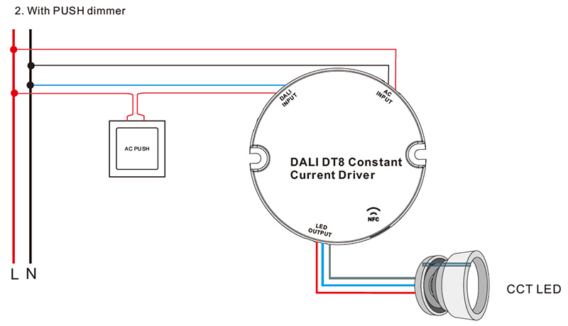 SRPY-2309N-15CCT200-700 CC NFC CCT LED DALI stmívatelný ovladač 15W schéma zapojení