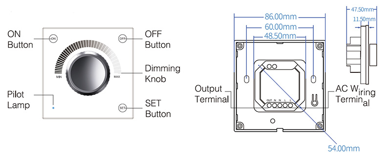 TW01RF RF AC Triac LED Panel Dimmerschalter mit Knopfstruktur