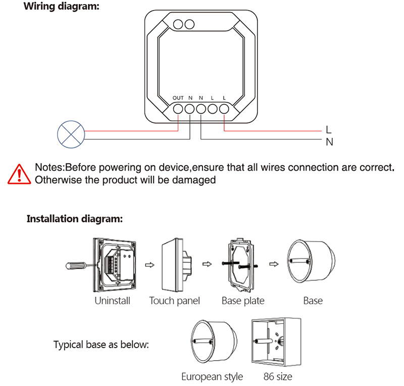 TW02W RF Triac Tuya Smart WiFi Touch Dimmer Lichtschalter Diagramm