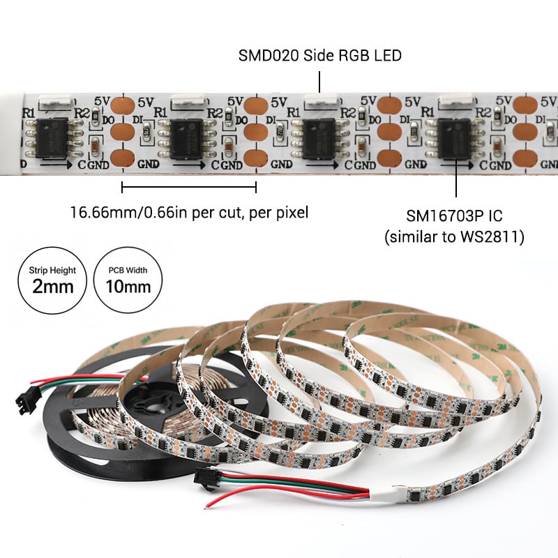 WS2811 020SMD DC5V 60LEDs/m Side Emitting Addressable LED Strip Lights, 5m/16.4ft per roll WS2811 020SMD DC5V 60LEDs/m Side Emitting Addressable LED Strip Lights, 5m/16.4ft per roll