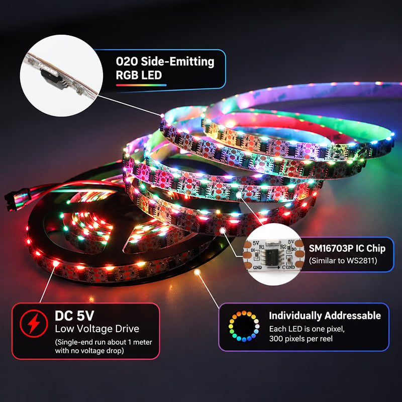 WS2811 020SMD DC5V 60LEDs/m Side Emitting Addressable LED Strip Lights, 5m/16.4ft per roll WS2811 020SMD DC5V 60LEDs/m Side Emitting Addressable LED Strip Lights, 5m/16.4ft per roll