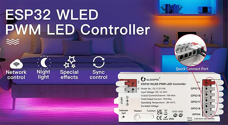 Kabelloser 5-in-1-Streifen WLED ESP32 WiFi LED PWM-Controller