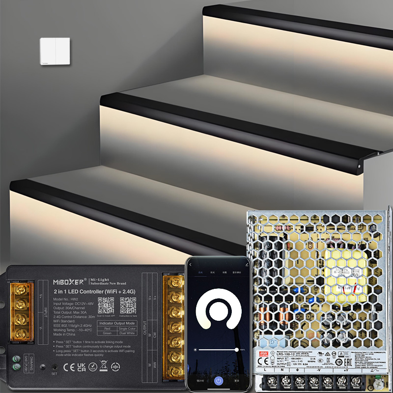 Anti-Slip Black Aluminum Lighted Step Nosing LED Stair Path Lights Dimmable Kit
